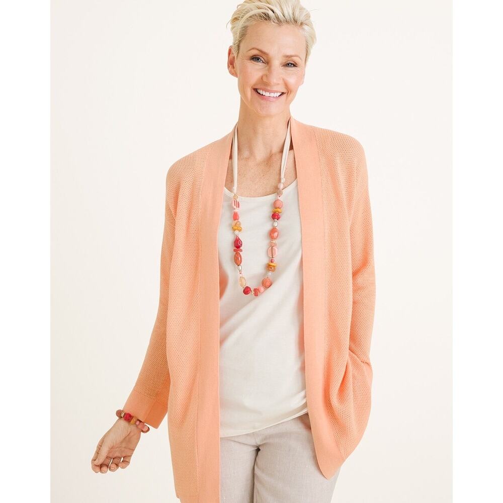Chicos Lenin Blend Textured Open Cardigan and Cotton Tank Set Orange Peach Sz 2